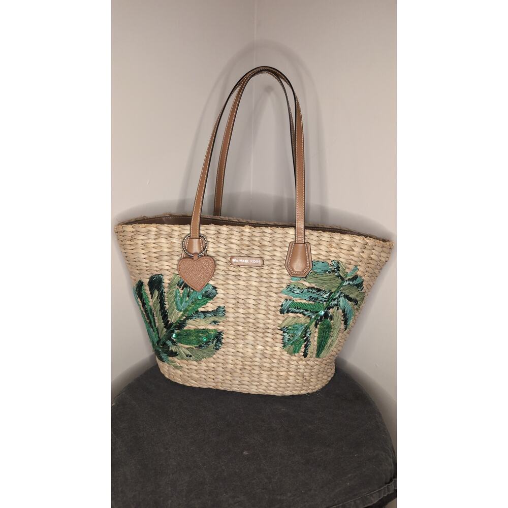 Michael Kors embroidered woven palm trapazoid tote bag
